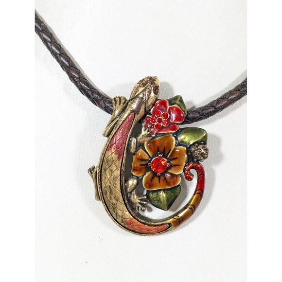 Chicos Southwestern Gecko Lizard Red Rhinestone Brown Cord Necklace 21" - Picture 1 of 8